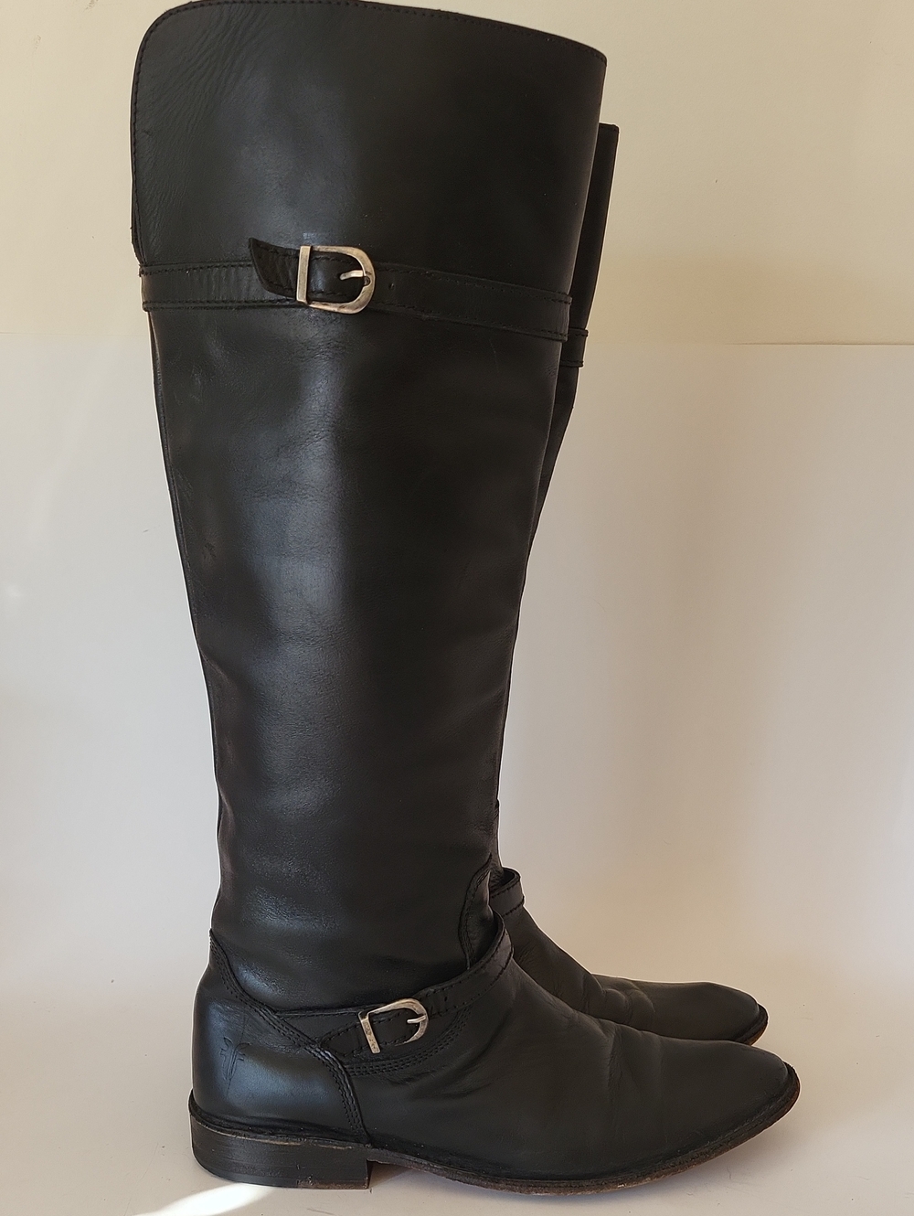 FRYE Black Leather Knee-High Riding Boots Double Buckle Size 6